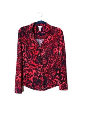 Cache Red Leopard Button Up Blouse Y2K